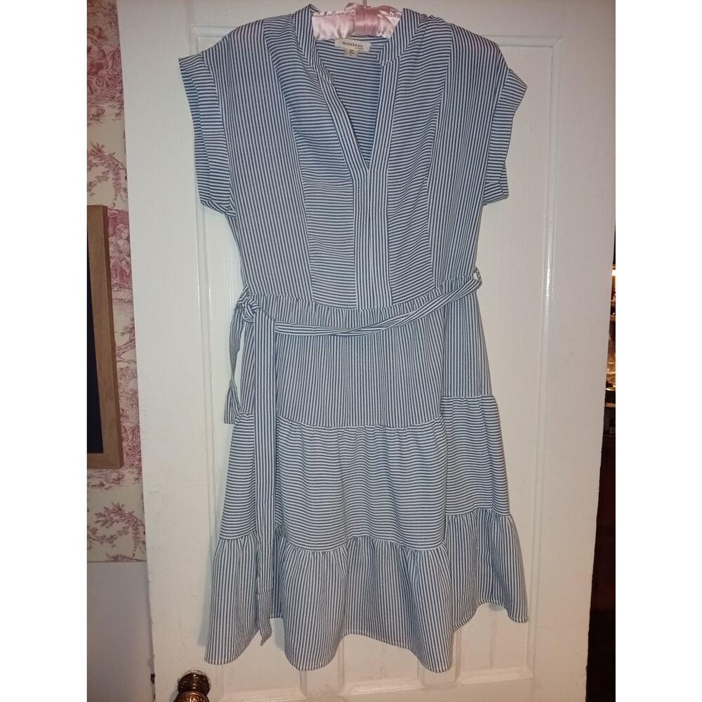 Monteau Dress  L blue and white striped tiered midi - Picture 2 of 5